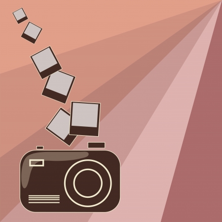 a brown camera with some photos in a pink backgroundのイラスト素材