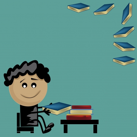 a young boy reading some books and having funのイラスト素材