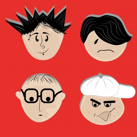 four different faces with different facial gestures and hairstylesのイラスト素材