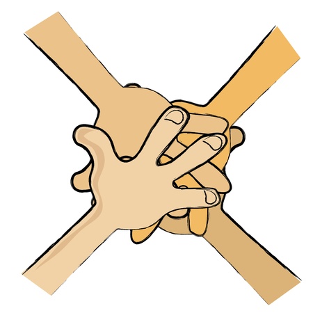 four hands of a team in a white backgroundのイラスト素材