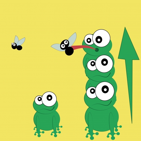 three green frogs working to eat his food instead of only one frogのイラスト素材