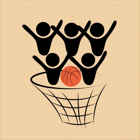 five black silhouettes of a basketball team in an orange backgroundのイラスト素材
