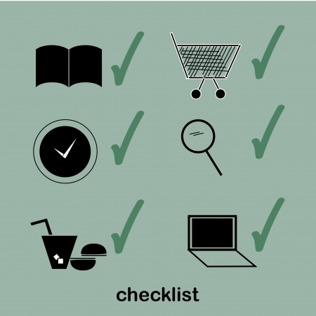 six different silhouettes of objects with checks in a blue backgroundのイラスト素材