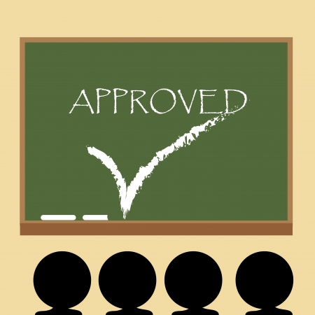 four silhouettes of human heads looking at a board with text within itのイラスト素材