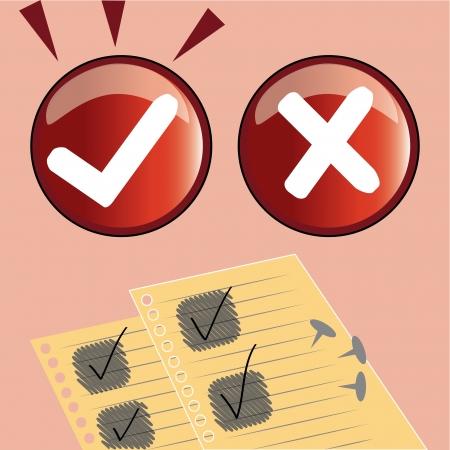 two white symbols of check and wrong near a yellow paperのイラスト素材