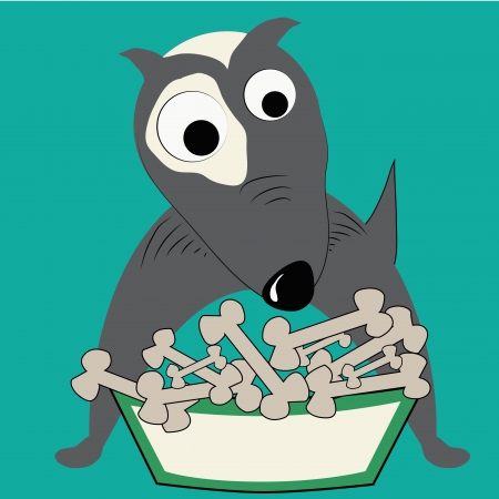 a grey happy dog in a blue background with bonesのイラスト素材