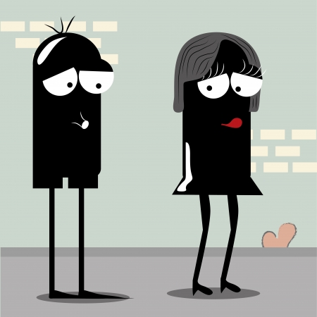 two black silhouettes of a boy and a girl in a blue backgroundのイラスト素材