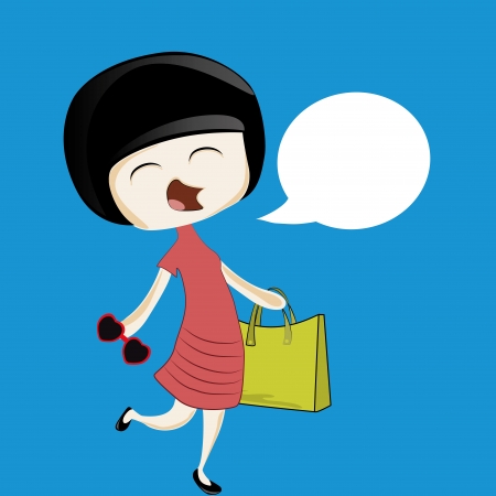 a happy woman going to shop with glasses and a bubbleのイラスト素材