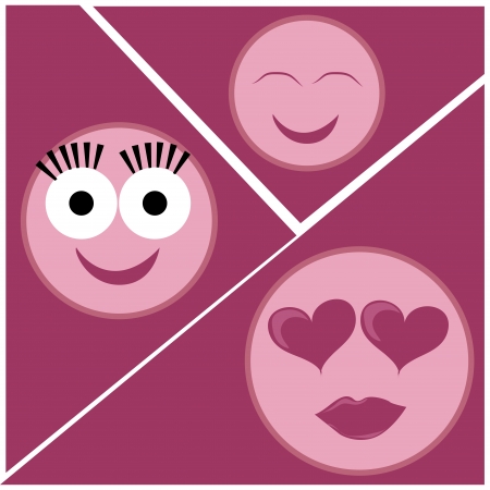 three pink icons of facial expressions in a pink backgroundのイラスト素材