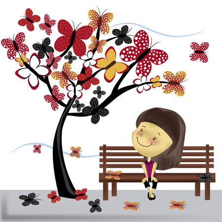 a beautiful young lady watching the fall in octoberのイラスト素材