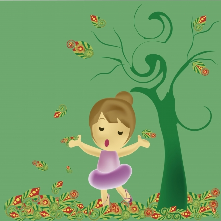 a beautiful young lady singing under a  tree in autumnのイラスト素材