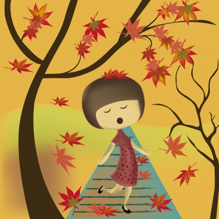 a beautiful woman with a red dress singing under the autumn's treeのイラスト素材