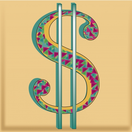 a styled symbol of money with purple blue green triangles in a yellow backgroundのイラスト素材