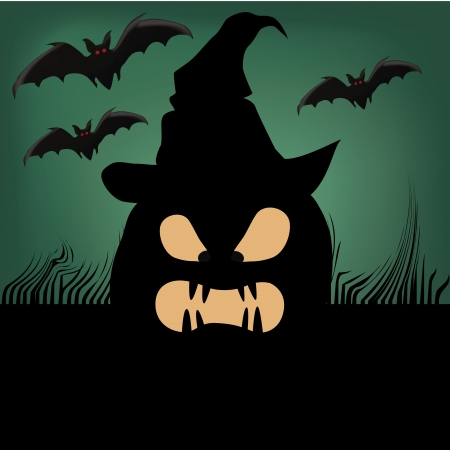 black silhouette of a pumpkin with a black hat and some bats behind itのイラスト素材