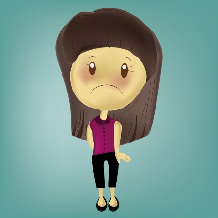 a sad woman with brown hair in a blue backgroundのイラスト素材