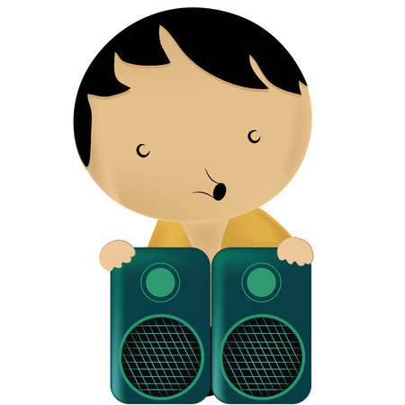 a little beautiful boy singing with a pair of blue speakersのイラスト素材