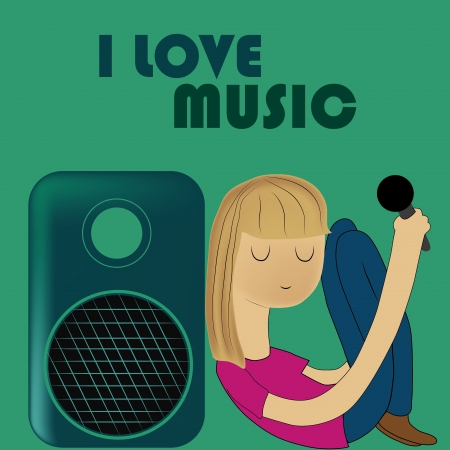 a beautiful blond girl with a microphone and a speakers loving musicのイラスト素材