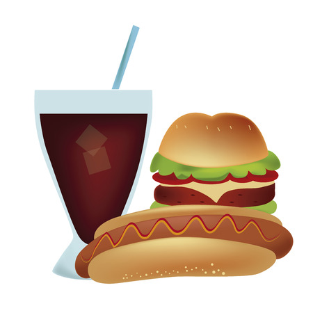 a hot dog with sausage and a hamburger with a cold drink with iceのイラスト素材