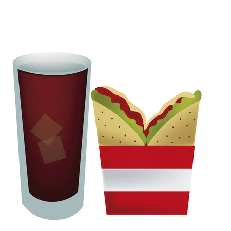 a cold drink with ice and a sandwich with tomato and vegetablesのイラスト素材
