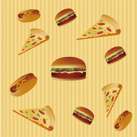 a lot of hamburgers, pizza and hot dogs falling in a pattern within a backgroundのイラスト素材
