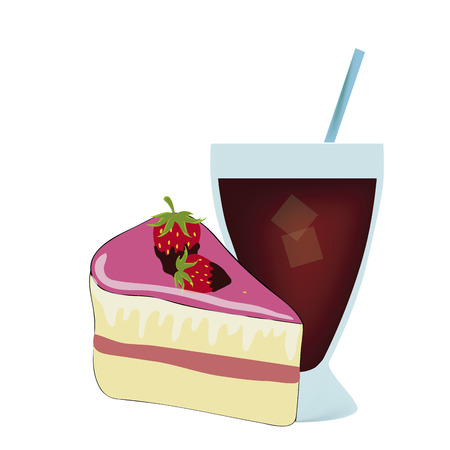 a delicious pink piece of cake with strawberries and a cold drinkのイラスト素材