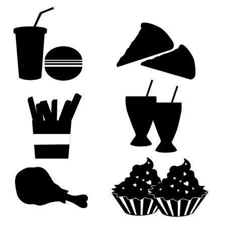 six silhouettes of fast food in a white backgroundのイラスト素材