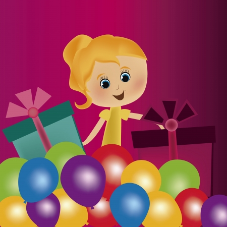 a happy woman with a lot of baloons and two presentsのイラスト素材