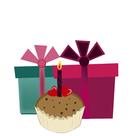 two boxes and a delicious cake with hearts and a candleのイラスト素材