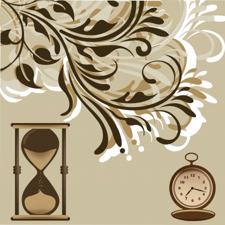two different kind of clocks, one made with sand, and the other mechanical, with an abstract treeのイラスト素材