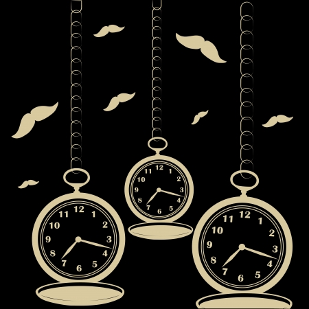 three wearable pocket clocks in silhouette with some mustaches in the backgroundのイラスト素材