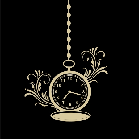 a silhouette of a pocket clock with a chain and a pattern in a black backgroundのイラスト素材