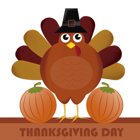 a turkey with a black hat and two pumpkins in thanksgiving dayのイラスト素材