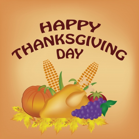 food for thanksgiving day in a dish of leaves and some textのイラスト素材