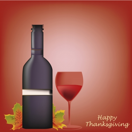 a bottle of wine with a glass and some leafs in thanksgiving dayのイラスト素材