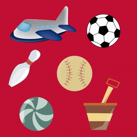 six different toys including an airplane, some sport balls and a shovel to play with sandのイラスト素材