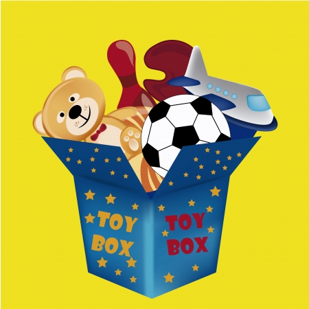 a blue toy box with a lot of toys inside itのイラスト素材