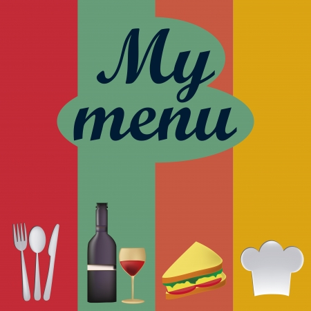 a colored menu with utensils, wine, sandwich and a hat with some textのイラスト素材