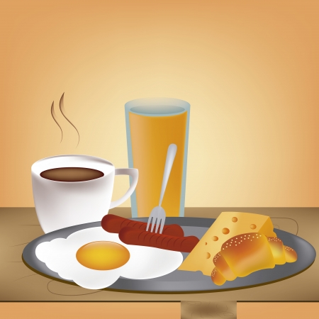 a delicious breakfast with coffee and a juice, egg, sausages, cheese and one croissantのイラスト素材