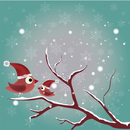 two pink and red birds with hats in a naked tree in winterのイラスト素材
