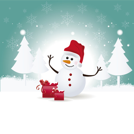 a happy snowman with a red hat and some presents in a blue white backgroundのイラスト素材