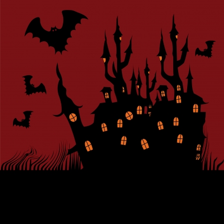 a black silhouette of a haunted castle with some windows and bats in a red background for halloweenのイラスト素材