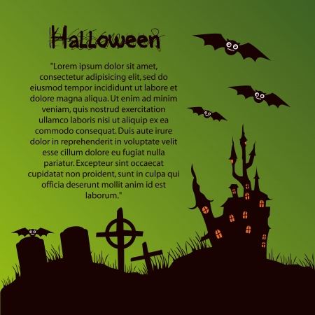 black silhouettes of a haunted castle with windows, bats, graves with some text for halloweenのイラスト素材