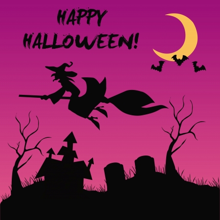 black silhouettes of a witch, haunted house, trees, graves and bats for halloween in a purple backgroundのイラスト素材