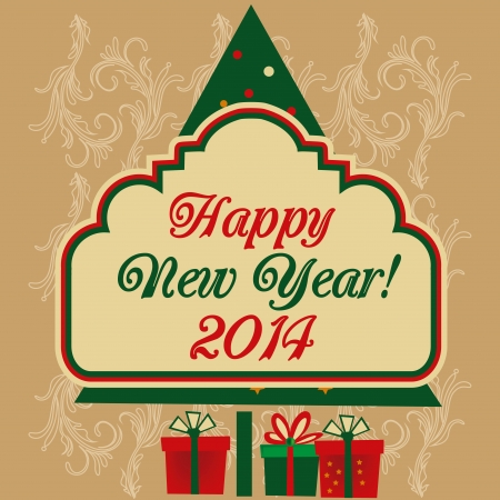 a green tree with colored circles and presents with a banner for new yearのイラスト素材