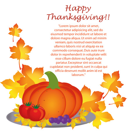 a pumpkin, tomatoes and grapes in a grey dish with some leaves for thanksgivingのイラスト素材