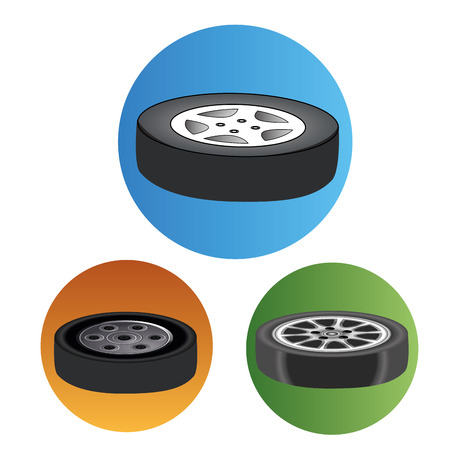 three colored icons of black tires with white or grey steelのイラスト素材