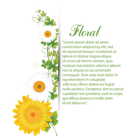 some white and yellow flowers with leaves and textのイラスト素材