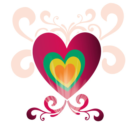 colored hearts inside a red hearts and some patterns around itのイラスト素材