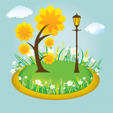 a simple and colored park with a lamp and a treeのイラスト素材