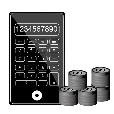 a pile of coins with a cellphone in white backgroundのイラスト素材